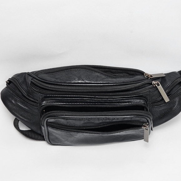 Vintage Black Leather Waist Bag with Adjustable Nylon Belt, Push Buckle, EUC - Picture 2 of 8